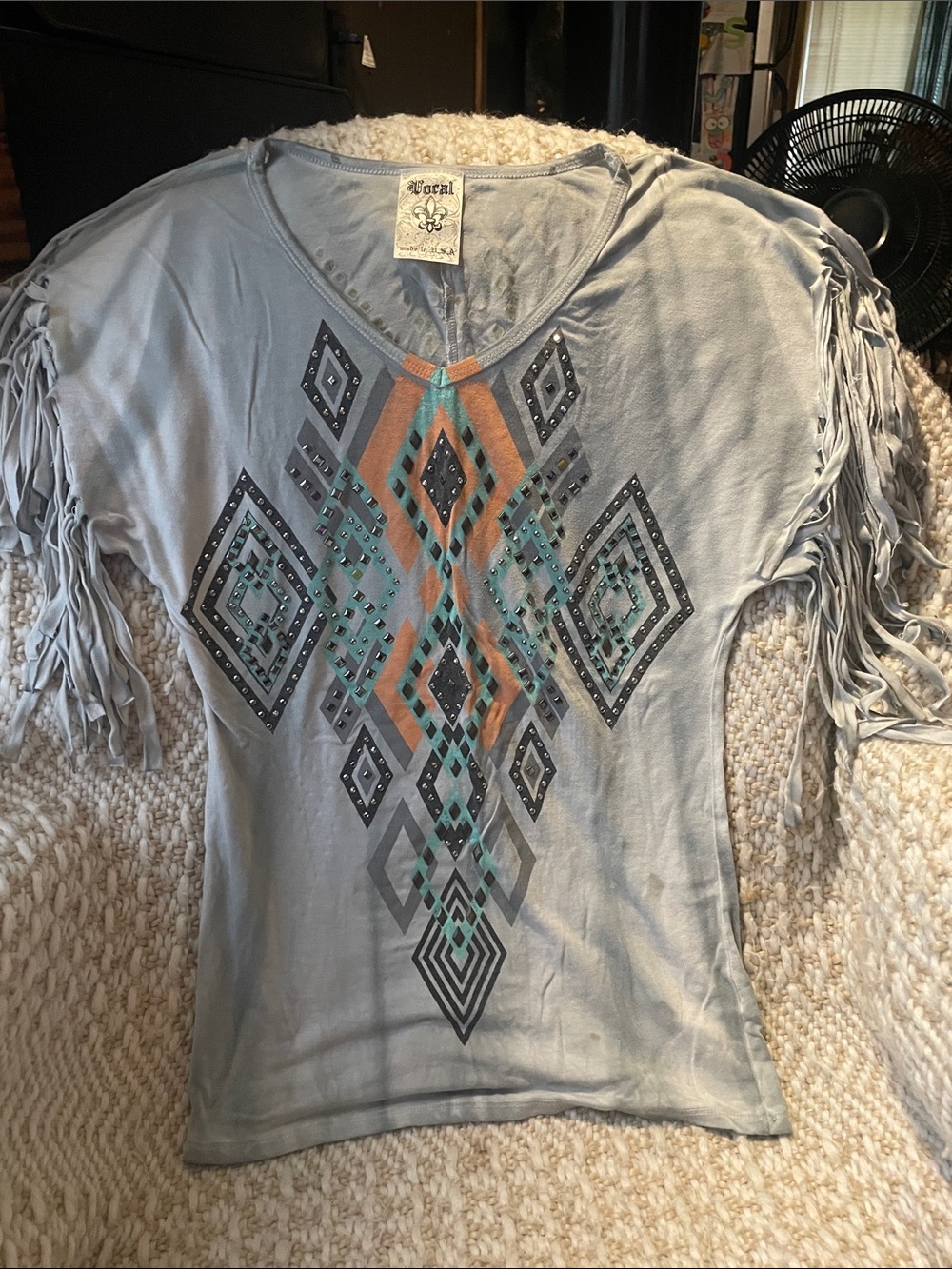 Vocal Light Blue Fringe Sleeve Graphic Top with Turquoise & Rust Accents